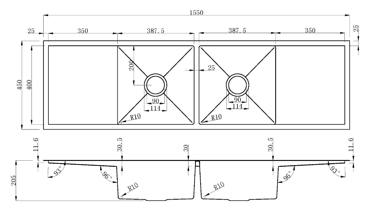 Kitchen Sink Double Bowls (1550mm x 450mm)