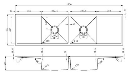 Kitchen Sink Double Bowls (1550mm x 450mm)