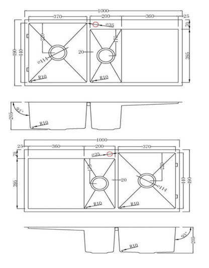 Kitchen Sink Double Bowls with Left Drainer tray (1000mm x 490mm)