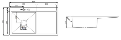 Kitchen Sink Single Bowl with right Drainer Tray right (860mm x 500mm)