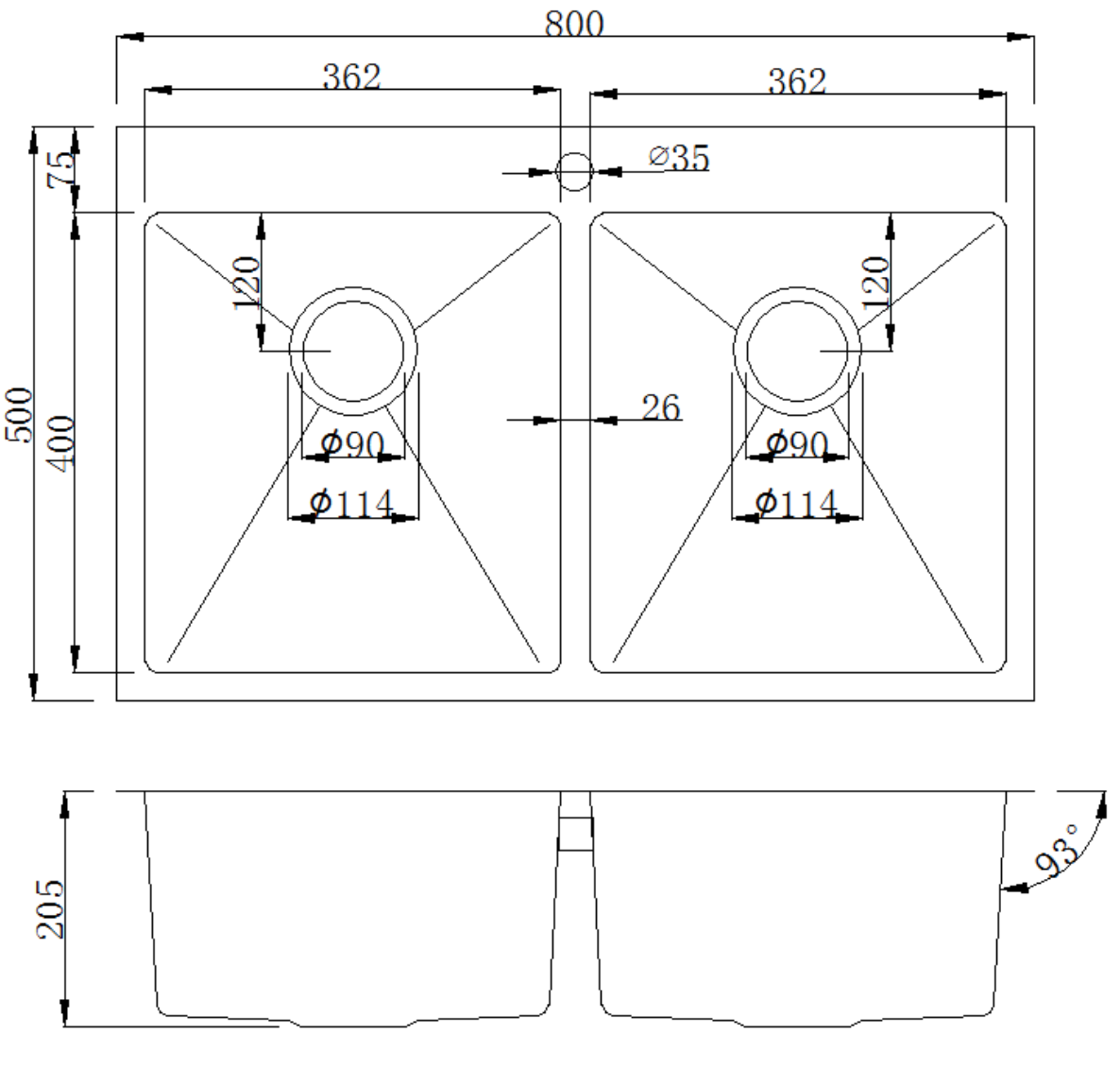 Kitchen Sink Double Bowls with Tap Hole (800m x 500mm)