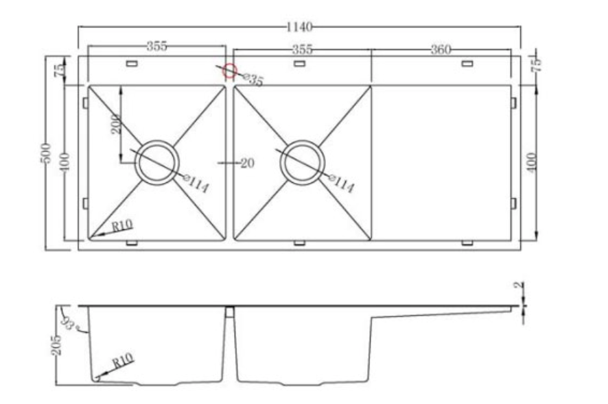 Kitchen Sink Double Bowls with Right Drainer Tray (1140mm x 500mm)