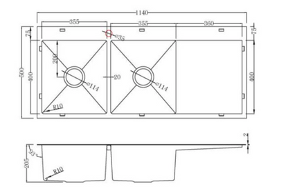 Kitchen Sink Double Bowls with Right Drainer Tray (1140mm x 500mm)